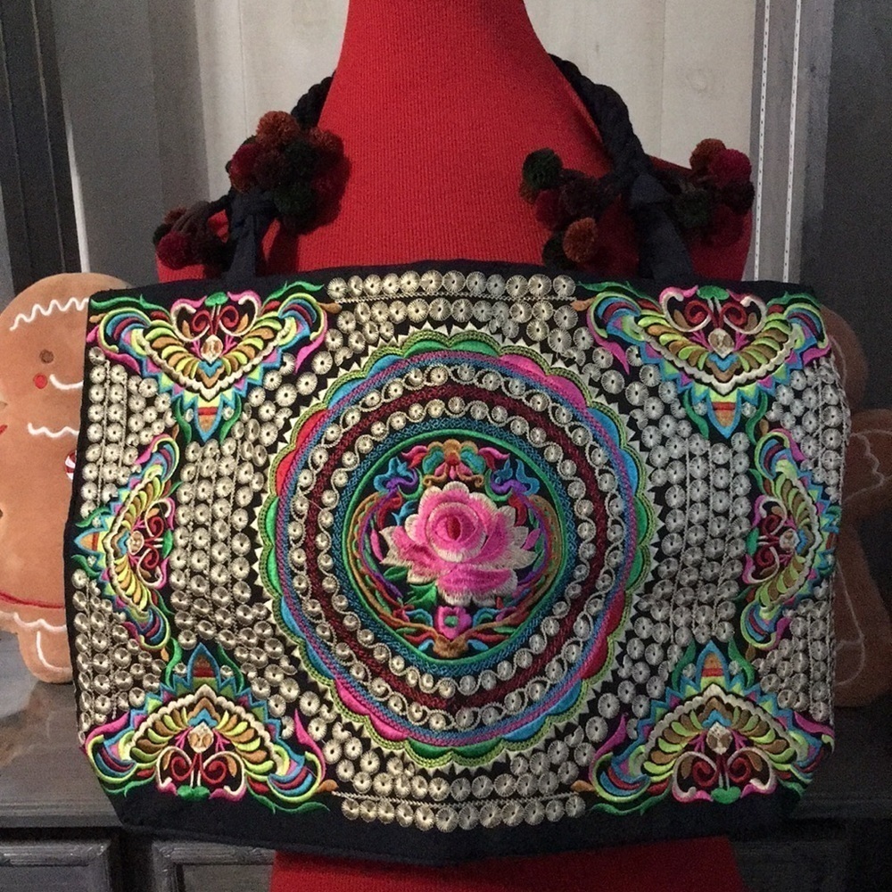 Vintage Gujarati Embroidered Tote Bag with stunning Rose design